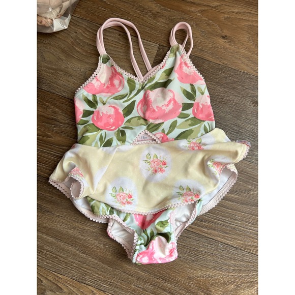 SweetHoney Other - SweetHoney Baby Girls Floral One Piece Swimsuit Pink Yellow Lace Trim 18M